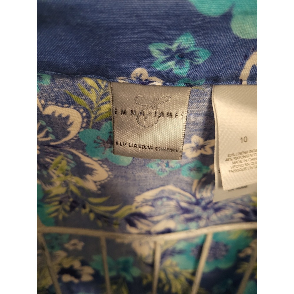 Emma James Liz Claiborne Blouse Womens Blue Floral Linen Blend Tropical Size 10 - Picture 6 of 6